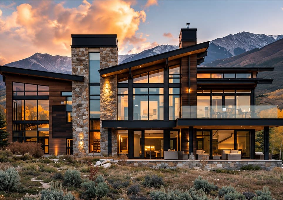 Contemporary mountain home in the Colorado Front Range at sunset