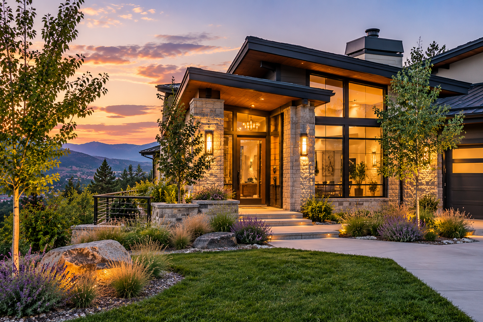 A Colorado home at sunset, surrounded by landscaped grounds and mountain views
