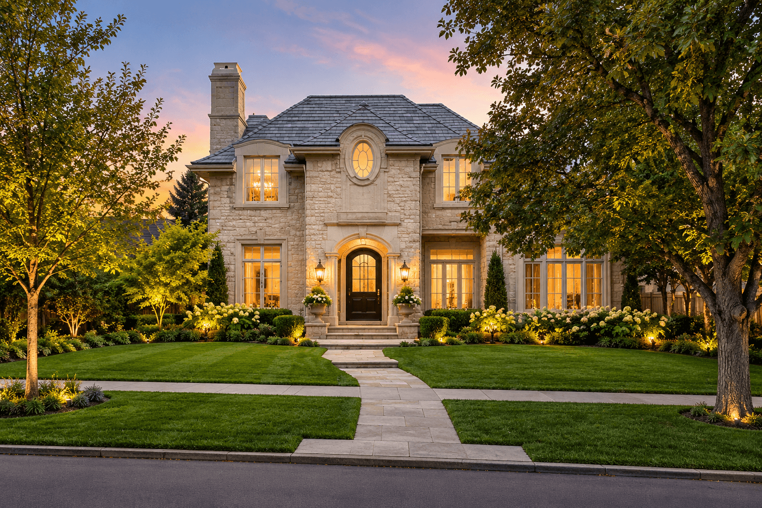 A stone Colorado home with landscaped grounds at sunset