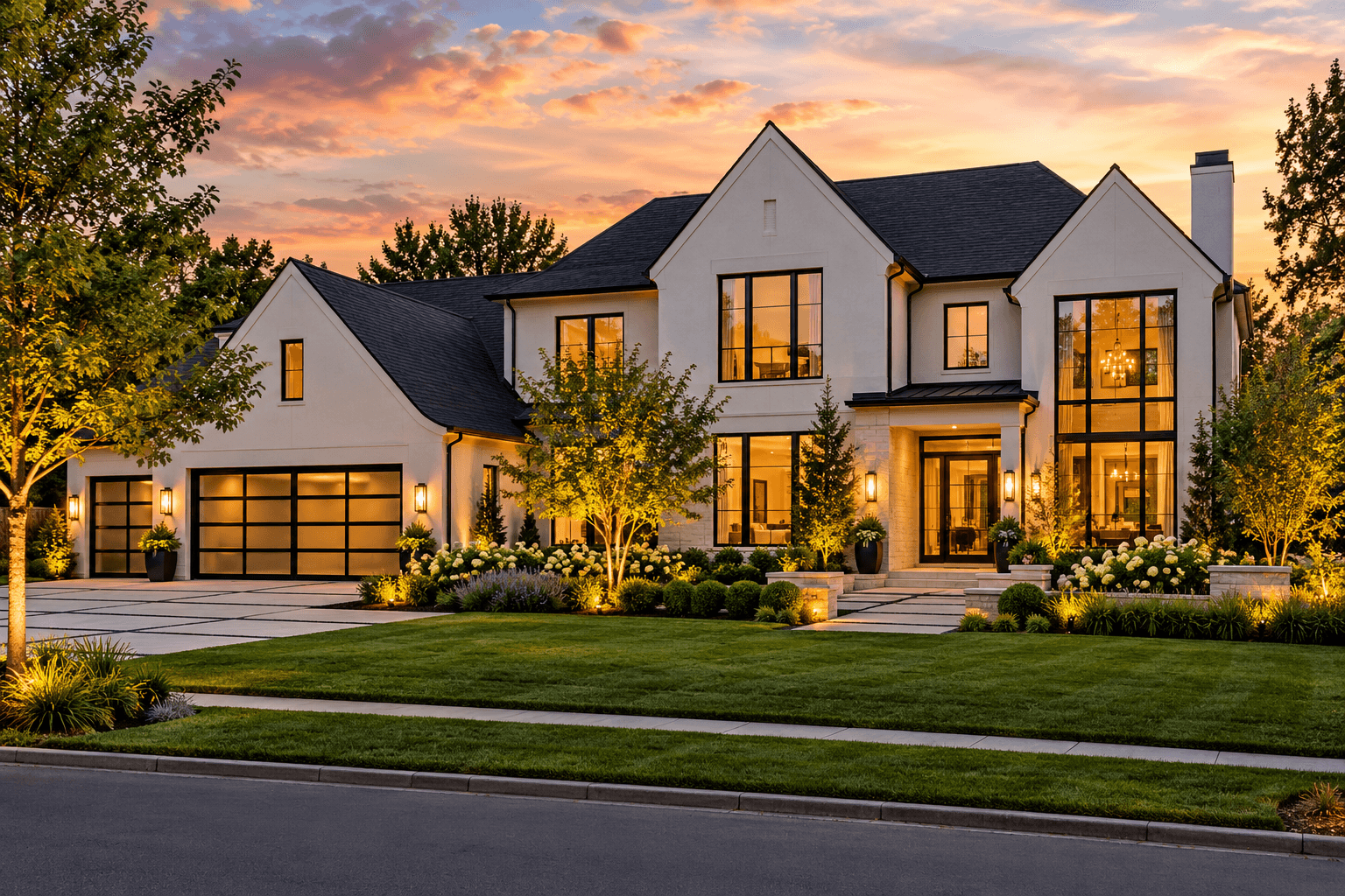 A Colorado home with landscaped grounds at sunset